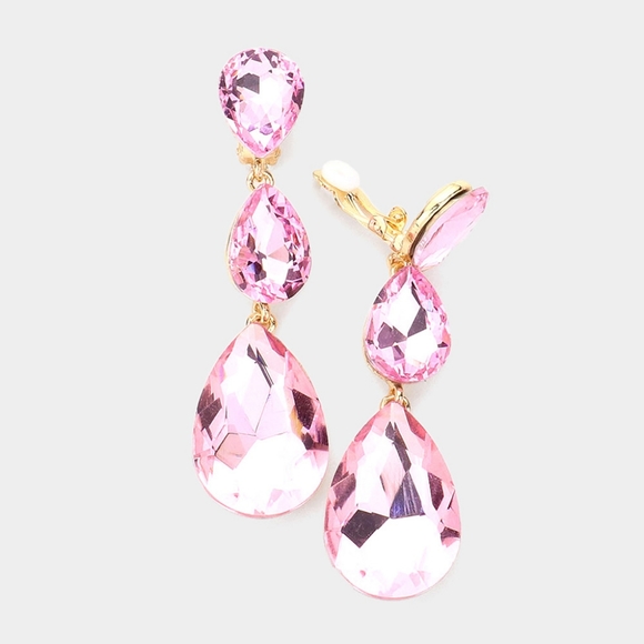 Pink Dangle Crystal Clip On Earrings 3 Inch Triple Tear Drop ClipOns Jewelry